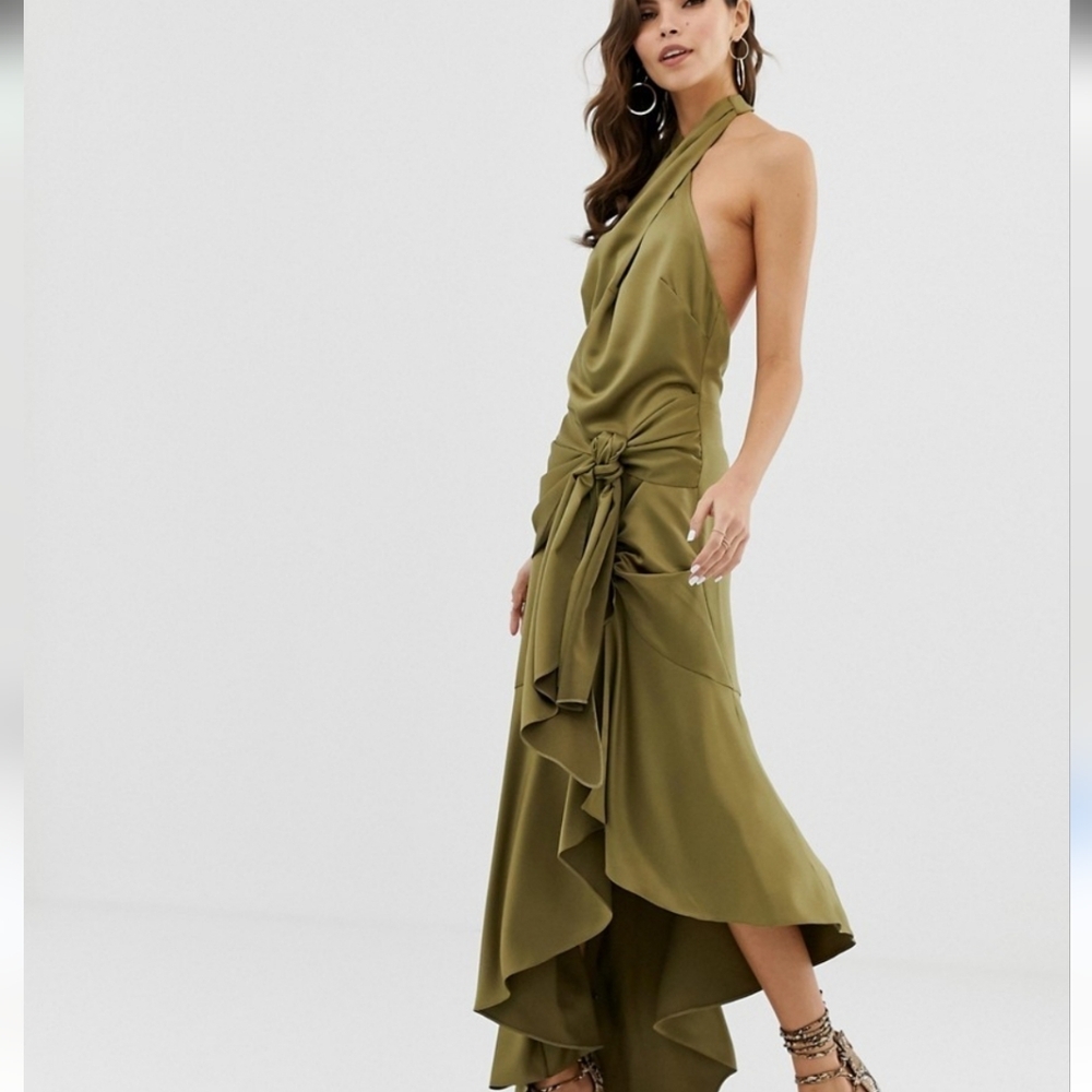 NWOT WOMEN'S ASOS OLIVE GREEN HALTER EVENING Midi Dress GOWN Satin SZ 4 $190
